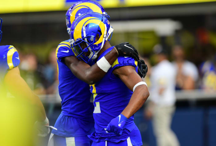 Oct 3, 2021; Inglewood, California, USA; Los Angeles Rams wide receiver Robert Woods (2) celebrates with wide receiver Van Jefferson (12) his touchdown scored against the Arizona Cardinals during the second half at SoFi Stadium. Mandatory Credit: Gary A. Vasquez-USA TODAY Sports